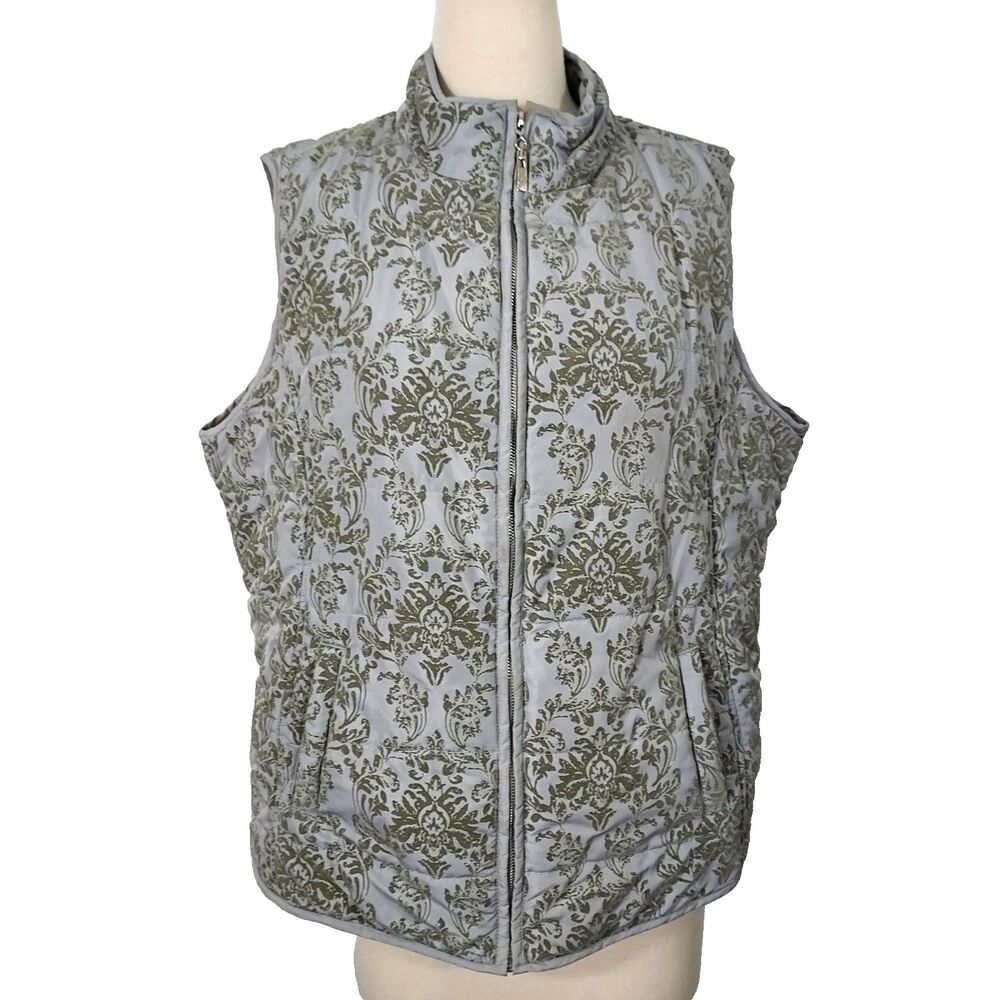 Moka Sport Jacket Vest Gray Damask Pattern Zip Up Sleeveless Women Size XL